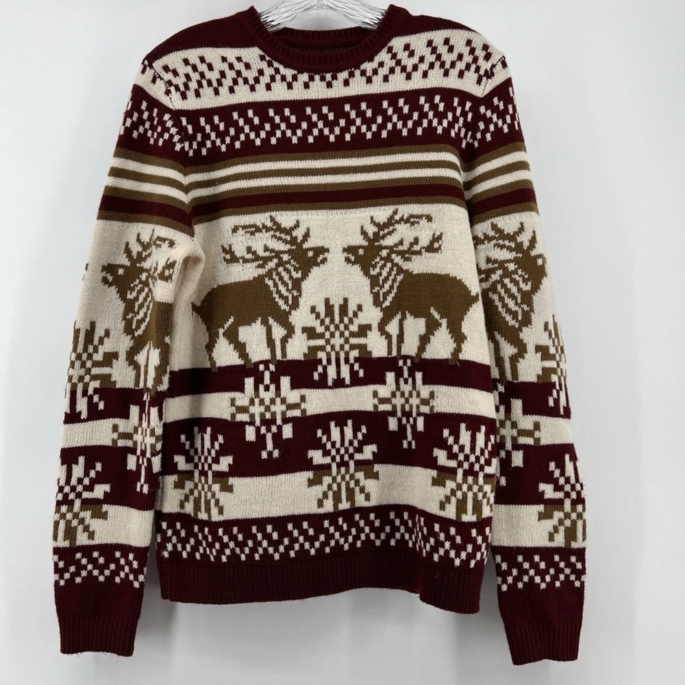ASOS Mens Sweater XS Acrylic Wool Blend Reindeer Snowflake Burgundy Beige